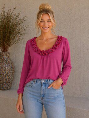 Miotta Ruffle Neckline Blouse | Berry Pink Long Sleeve Top | Soft Stretch | Size